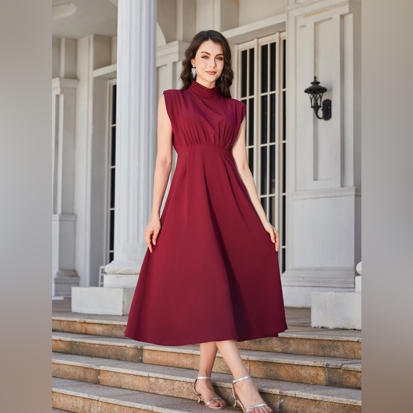 Ruched Mock Neck Cap Sleeve Midi Dress - Picture 1 of 6